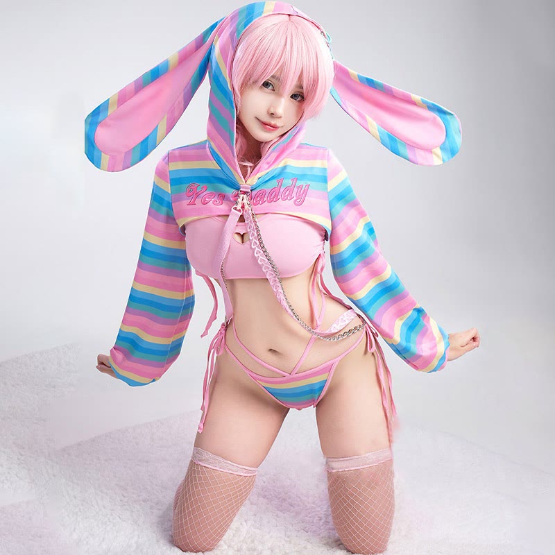 Bunny Ears Rainbow Stripe Lingerie Set