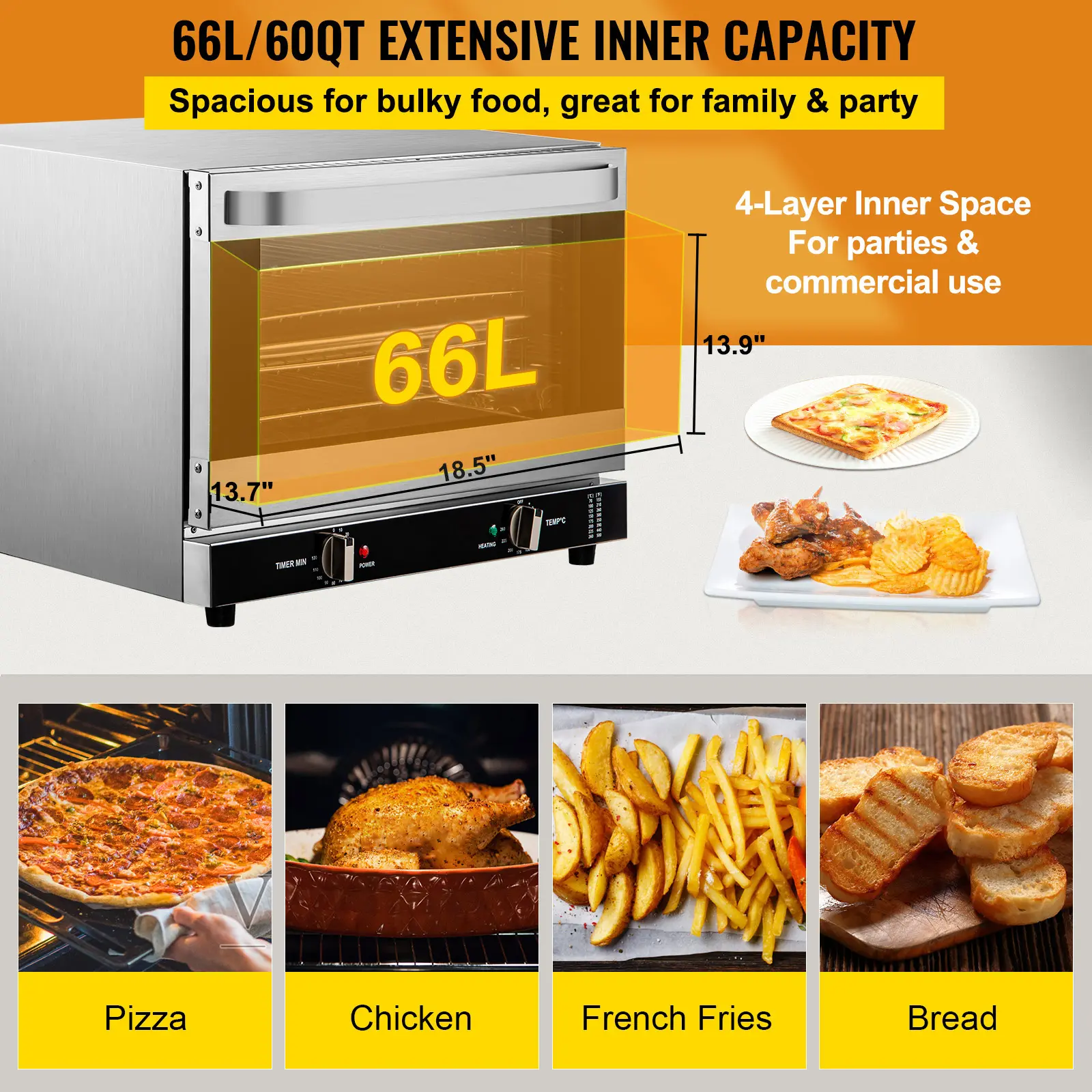 Commercial Convection Oven, 66L/60Qt, Half-Size Conventional Oven Countertop, 1800W 4-Tier Toaster with Front Glass Door, Electric Baking Oven with Trays Wire Racks Clip Gloves, 120V, ETL Listed