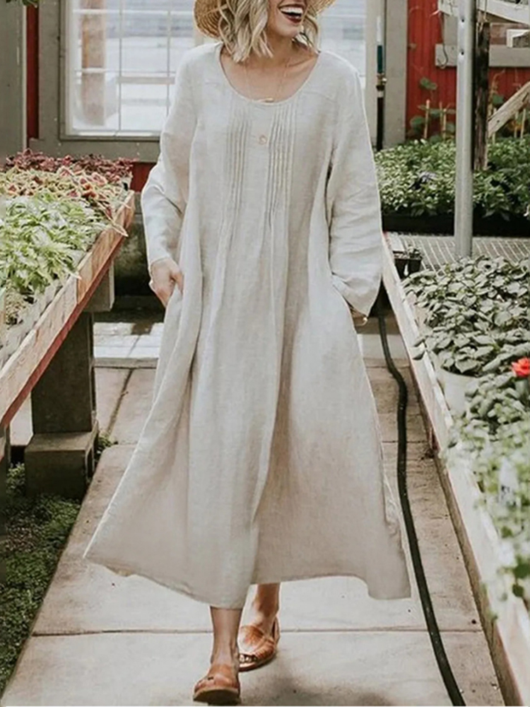 Round Neck Pleated Pocket Solid Color Long Sleeved Midi Dress