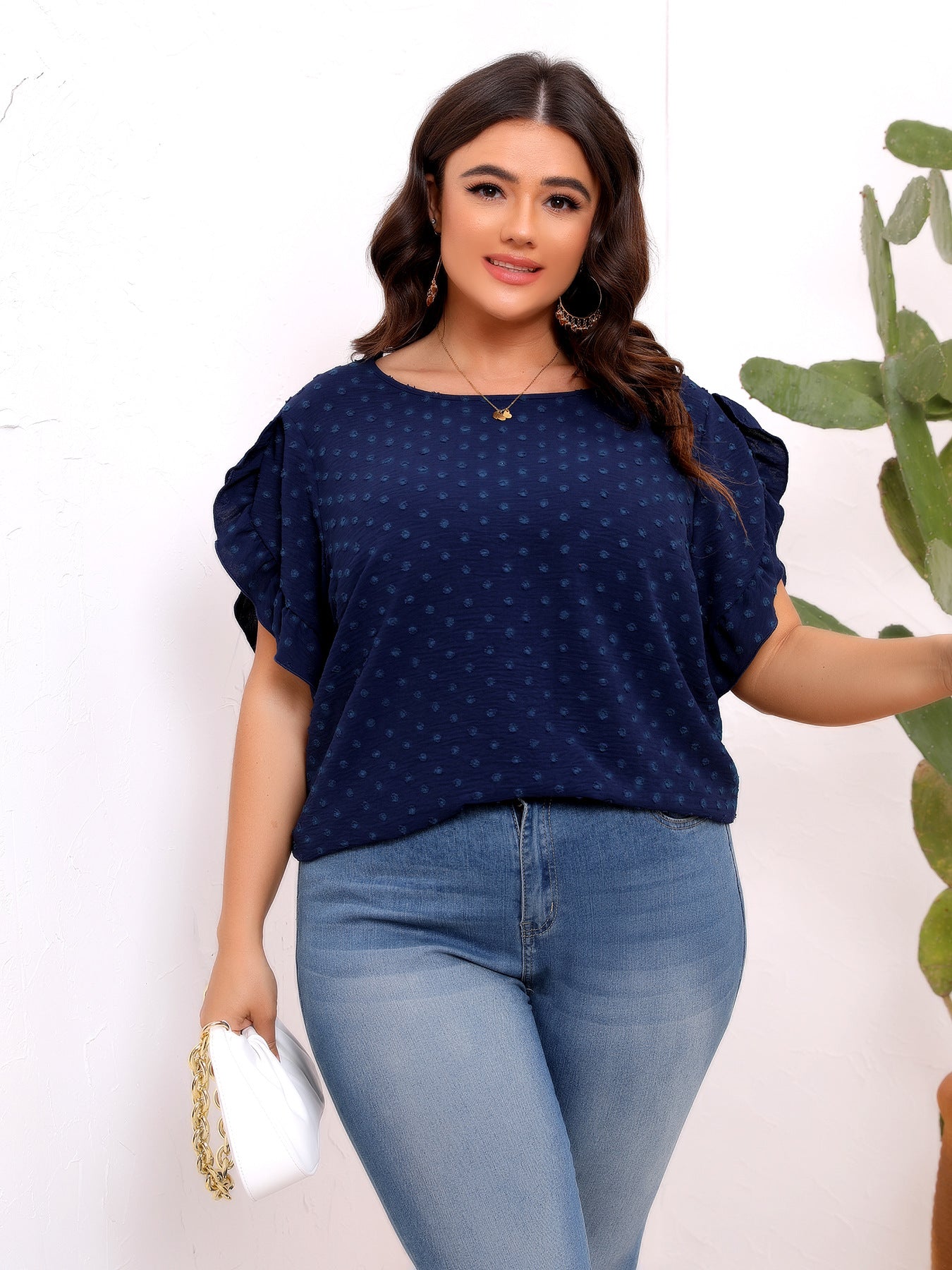 Plus Size Women Ruffle Sleeve round Neck Short Sleeve Shirt