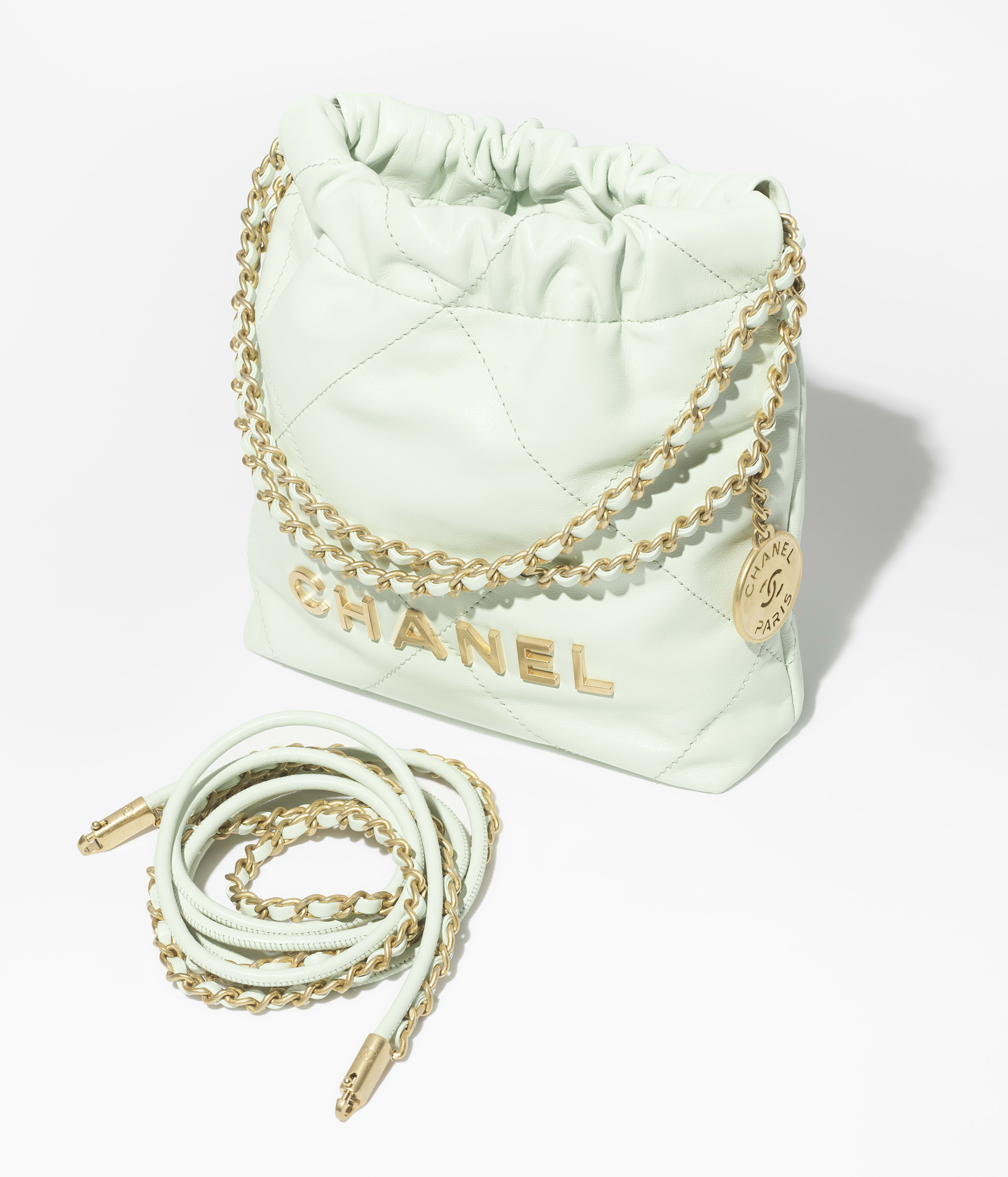 CHANEL 22 Mini Handbag Shiny Calfskin & Gold-Tone Metal Light Green AS3980-B19059-NAGER