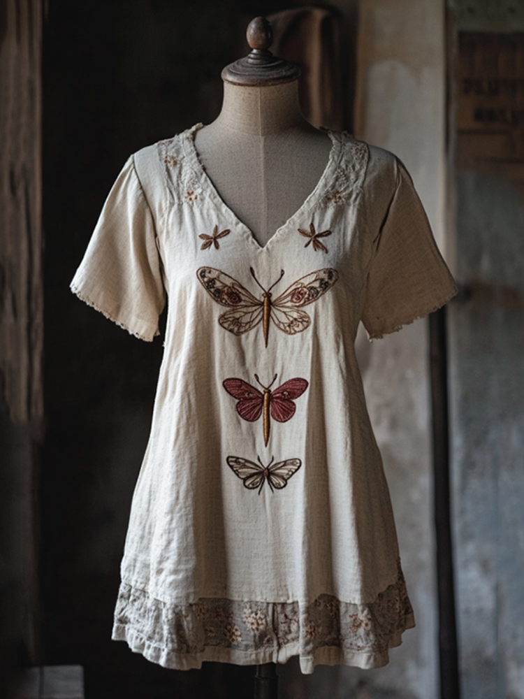 Vintage Floral Dragonfly Embroidery Linen Art Lace Trim Women's Linen Shirt