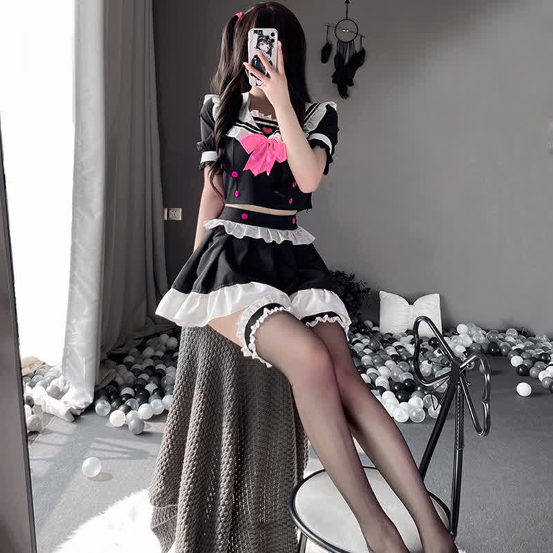 Cosplay Maid Bowknot Love Heart Lingerie Stockings Set