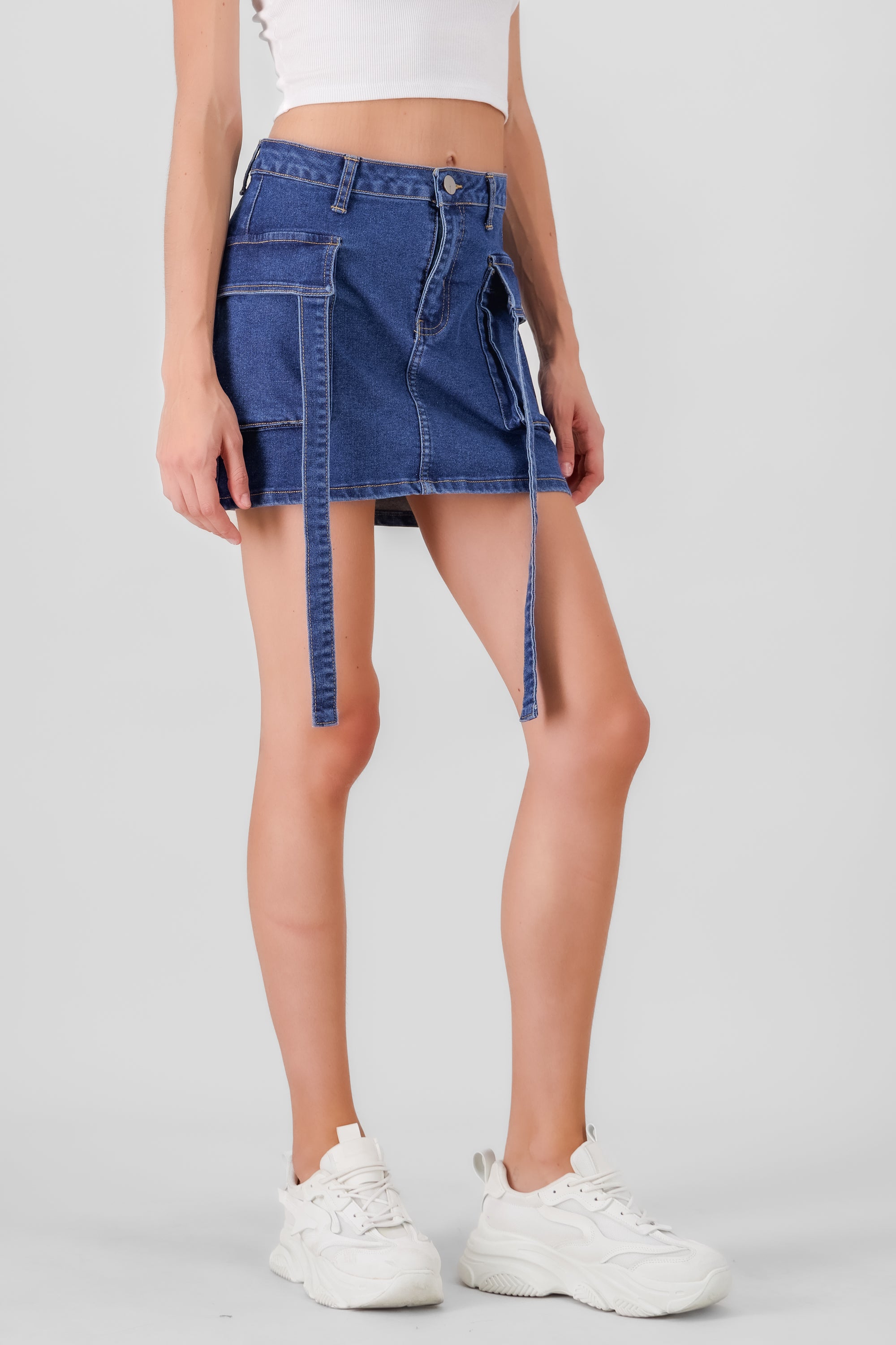 Denim Mini Skirt with Straps Detail