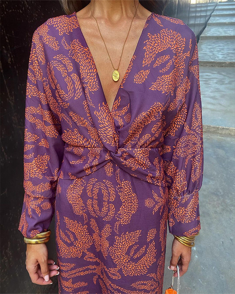 Vintage Draped Long Sleeve Midi Dress