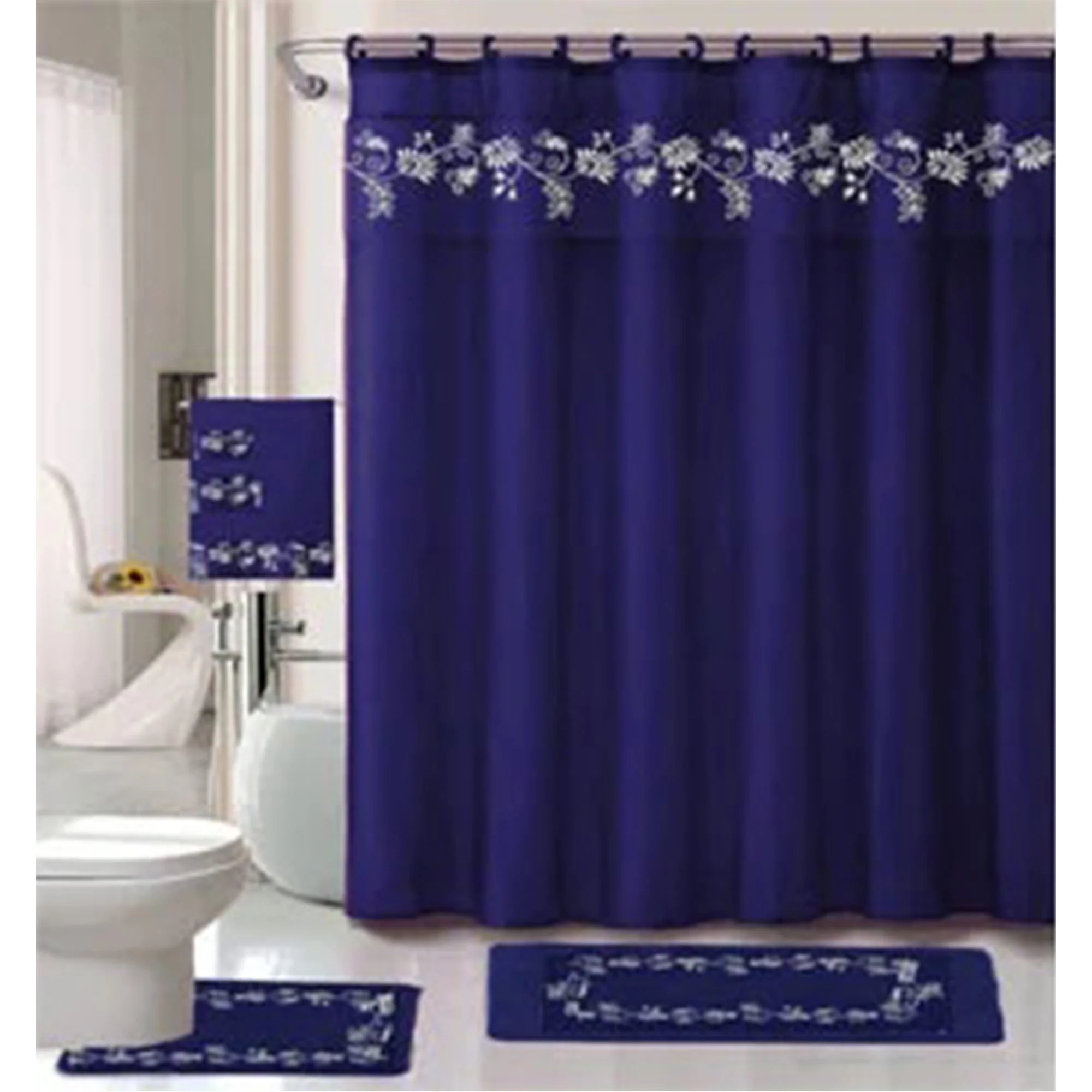 All For You 18 Piece Embroidered Non-Slip Bath Rug, Shower Curtain and Towel Set