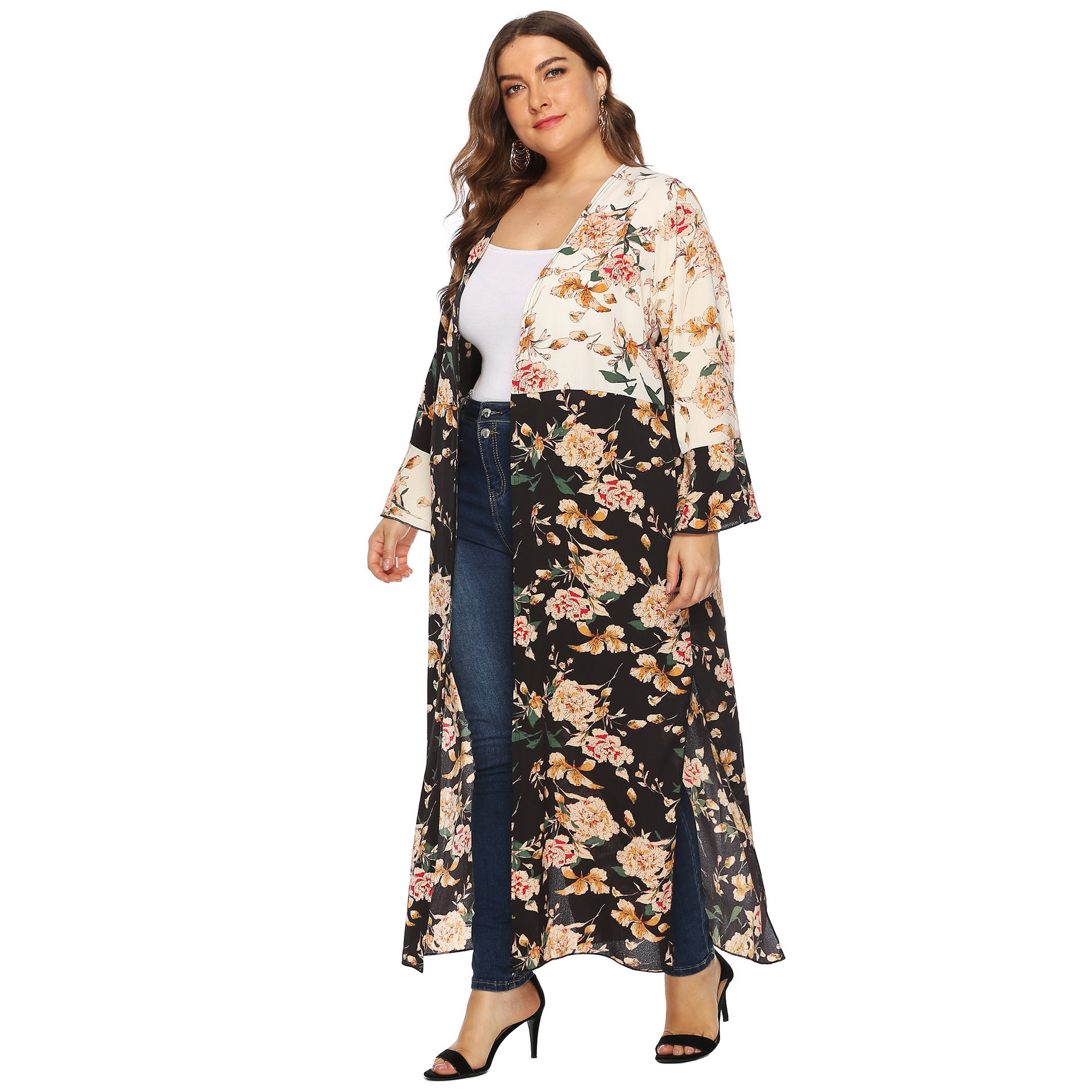 Plus Size Plus Size Women Vintage Printed Irregular Asymmetric Color Contrast Patchwork Ruffle Sleeve Long Cardigan Sunscreen Coat