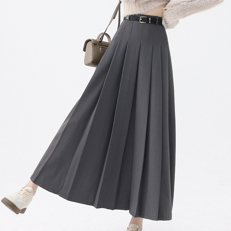Gray High waist show thin pleated skirt belt suit skirt