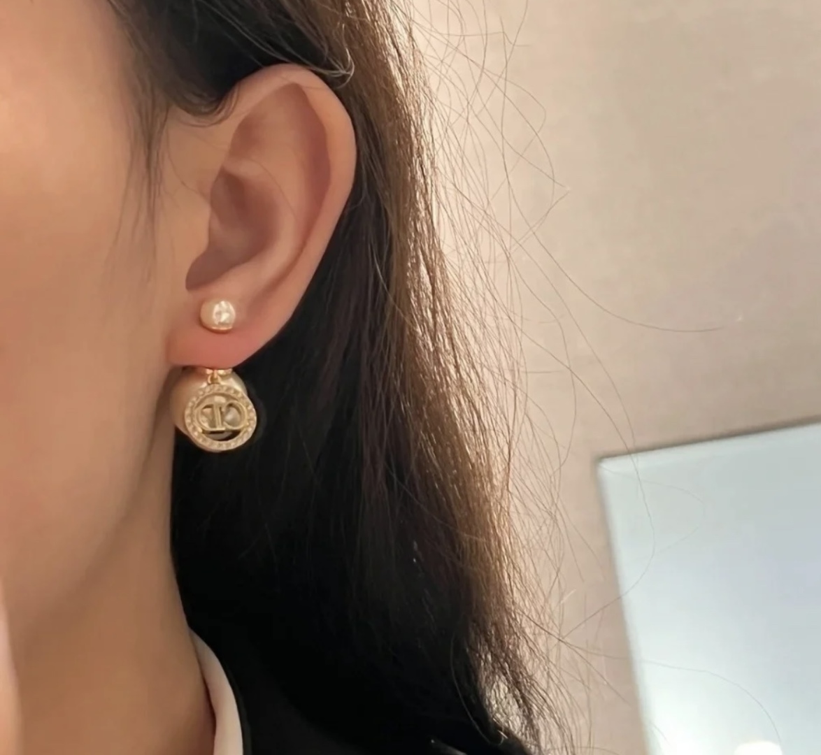 Dior Round Crystal CD Double Ball Pearl Earrings