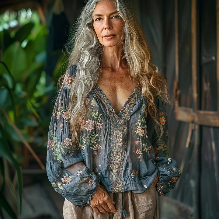 Bohemian Ethnic Floral Linen Art Print Long Sleeve V-neck Shirt