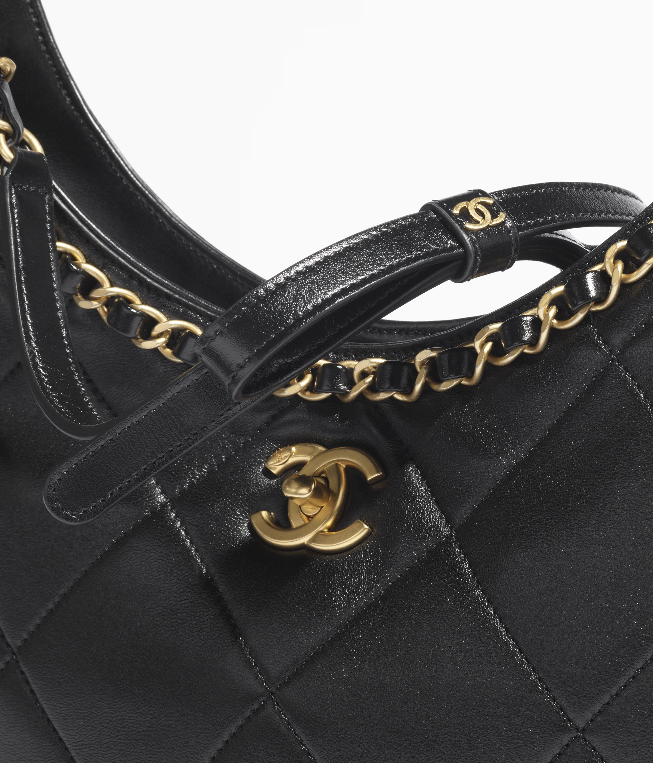 CHANEL Hobo Handbag Shiny Lambskin & Gold-Tone Metal Black AS5419-B19643-94305