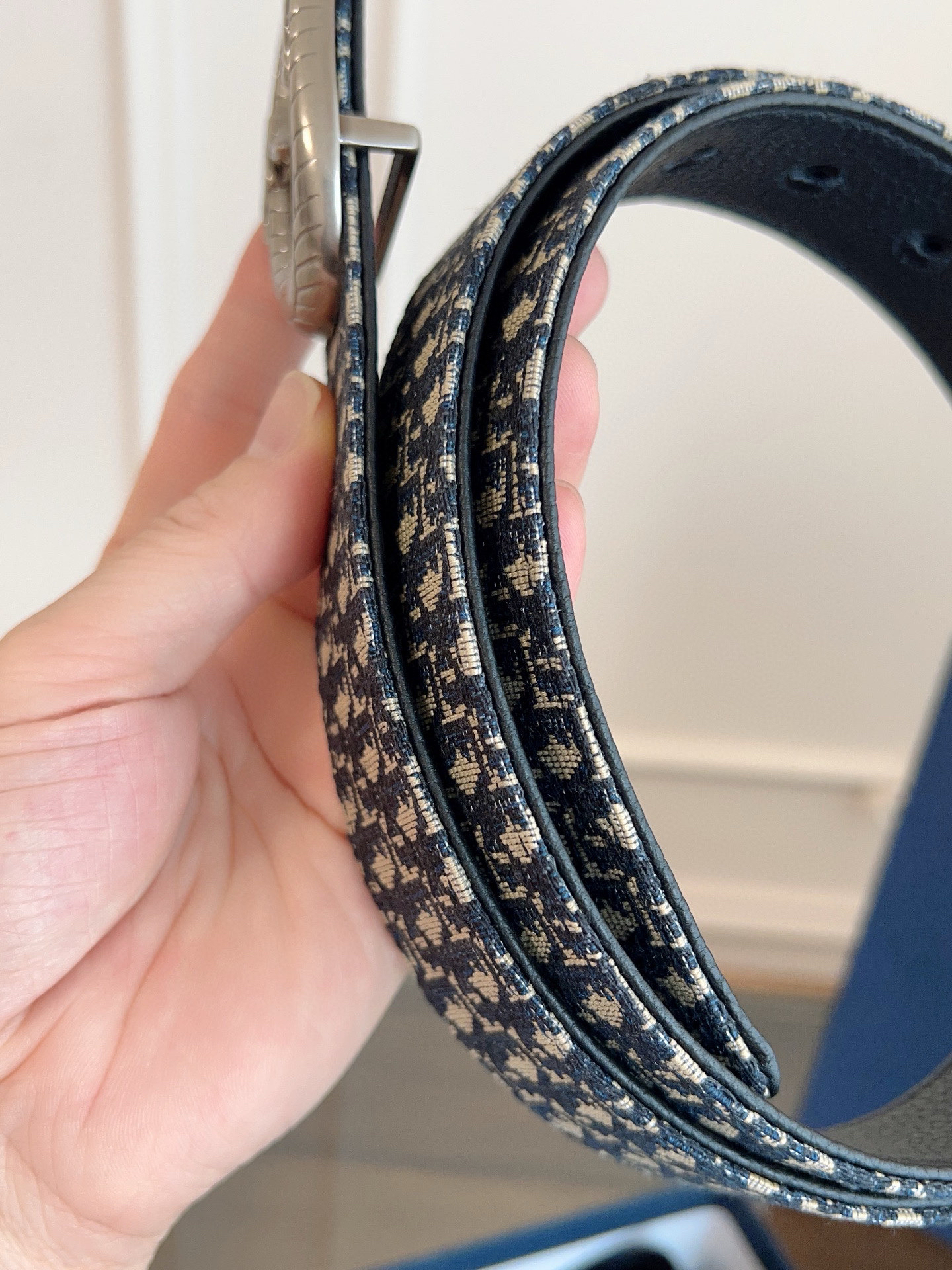 Dior Oblique Blue Cloth Black Cowhide Leather Strap 3.5cm Wide