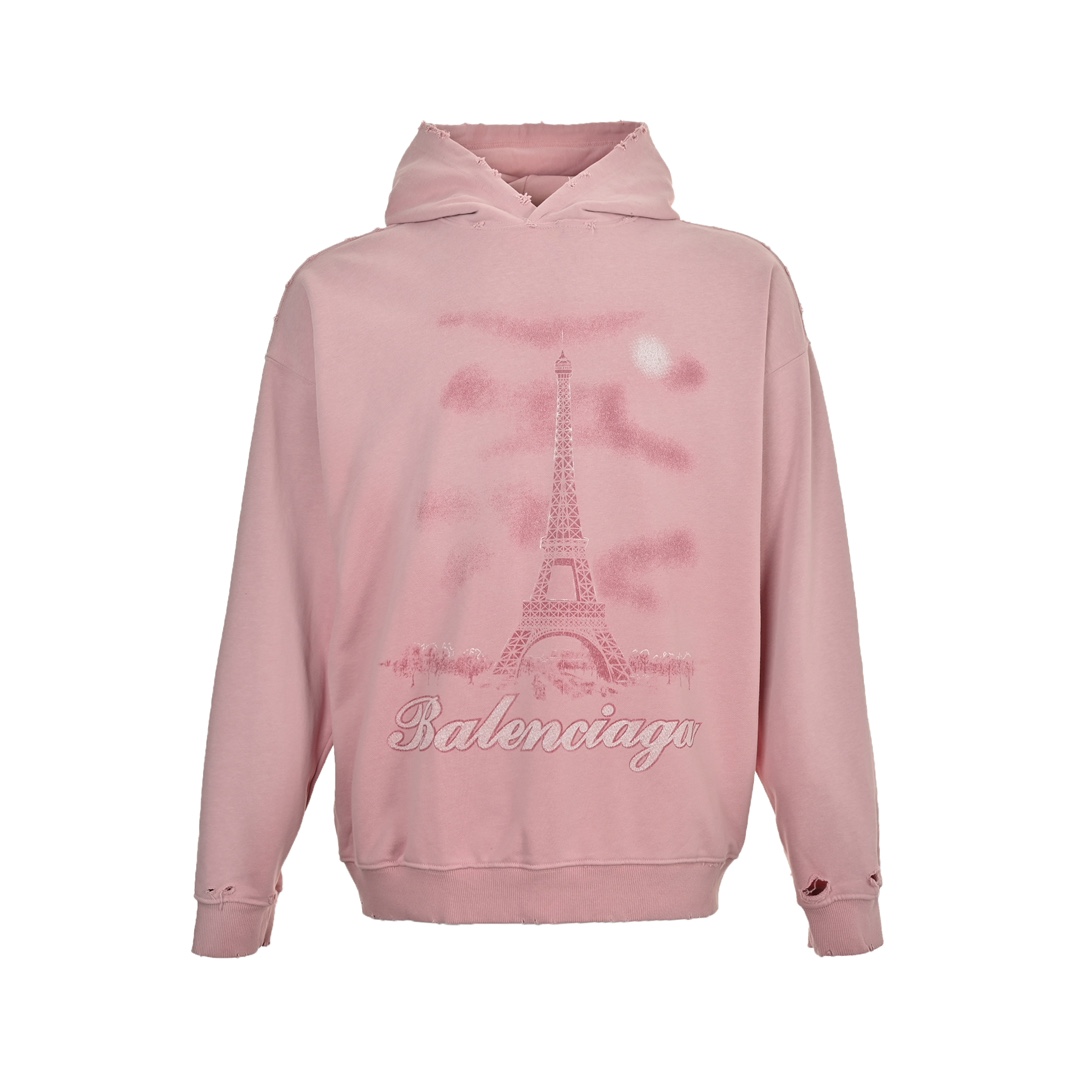 Balenciaga 24Fw Iron Tower Inkjet Graffiti Washed Distressed Hooded Sweatshirt