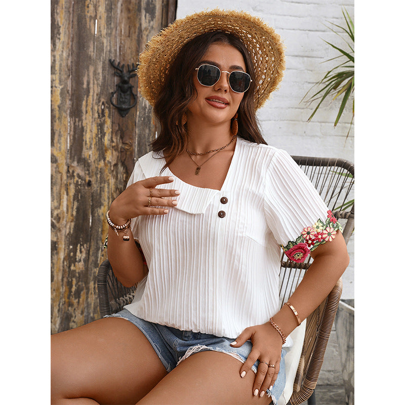 Plus Size Women Summer V Neck Loose Pullover Top Embroidered Edge Short Sleeved Shirt Women Shirt