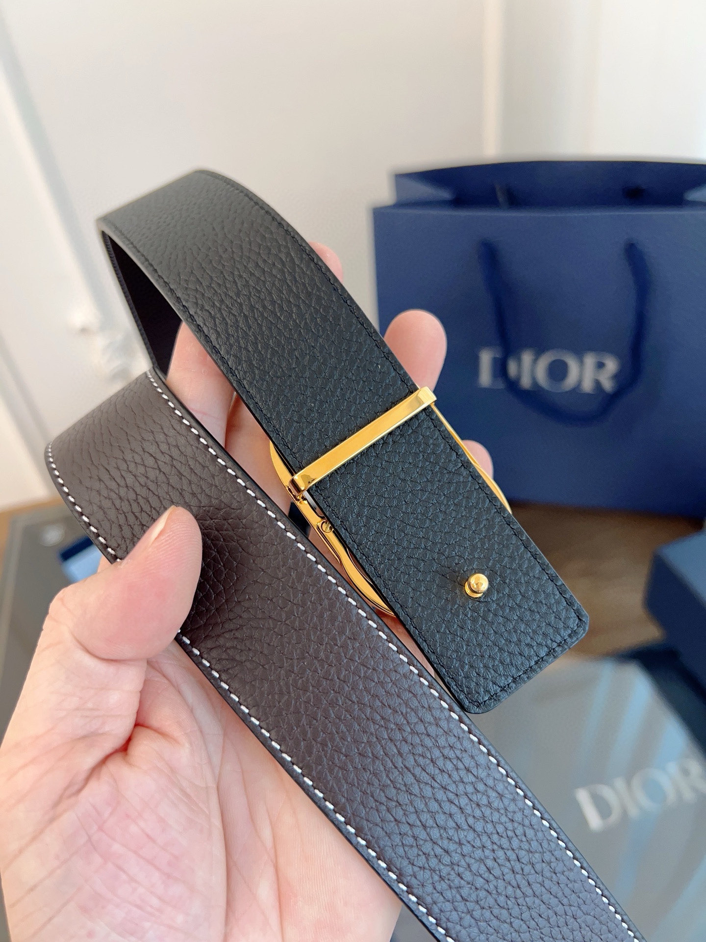 Dior coffee black double-faced cowhide belt width 3.5cm