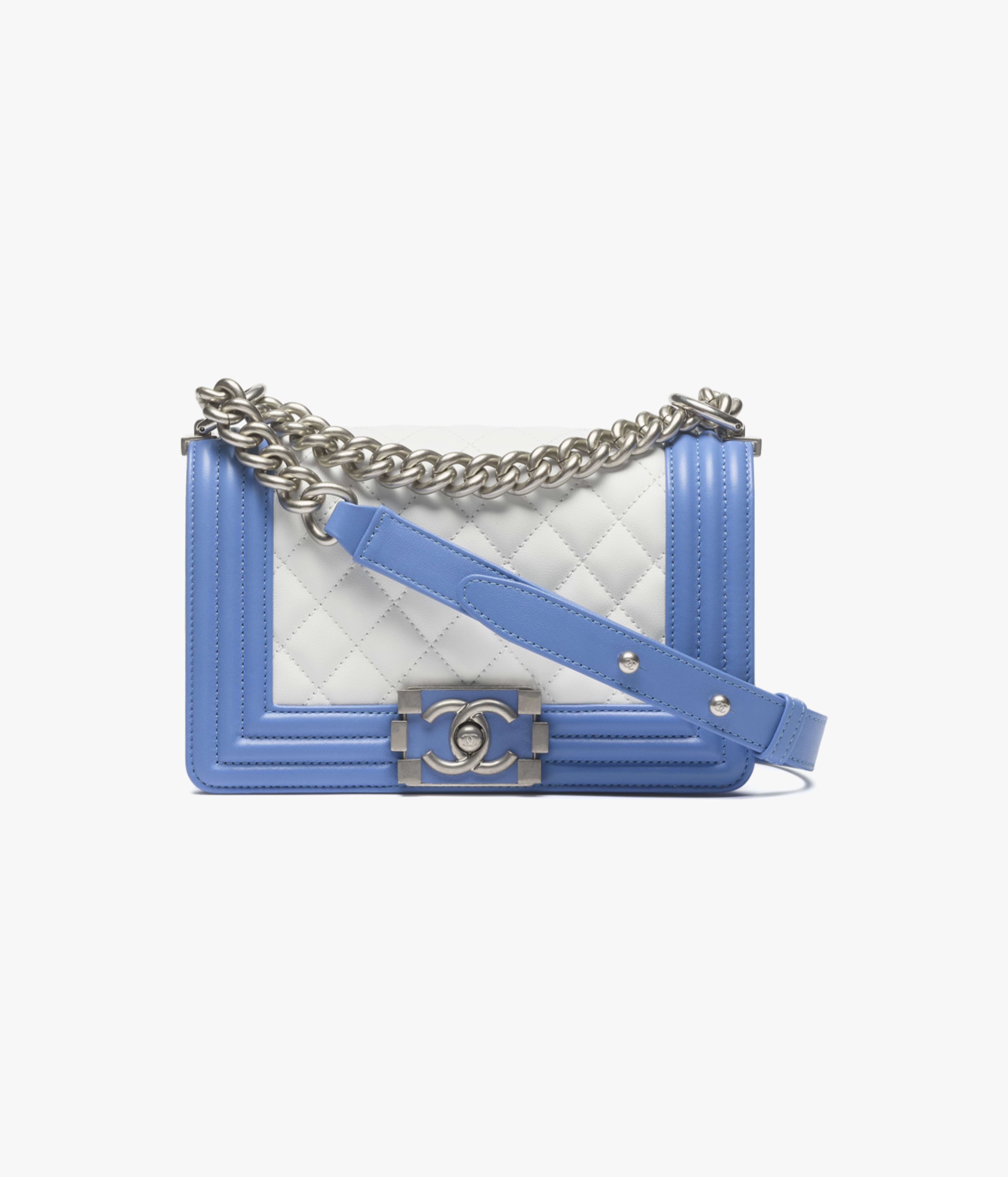 CHANEL Small BOY CHANEL Handbag Calfskin & Silver-Tone Metal White & Blue A67085-B18720-NACUX