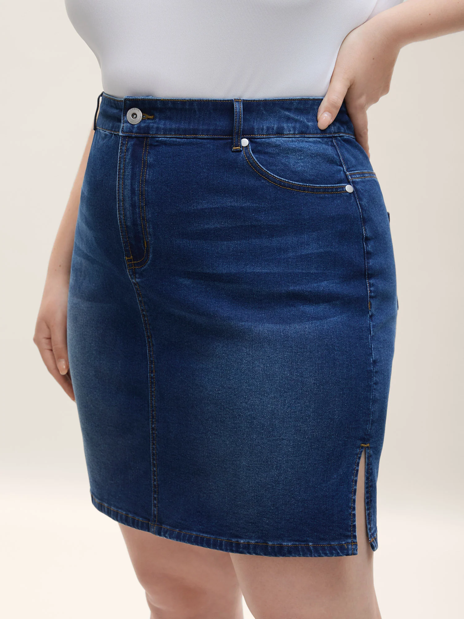 Whiskered Classic Cut Fitted Denim Skirt
