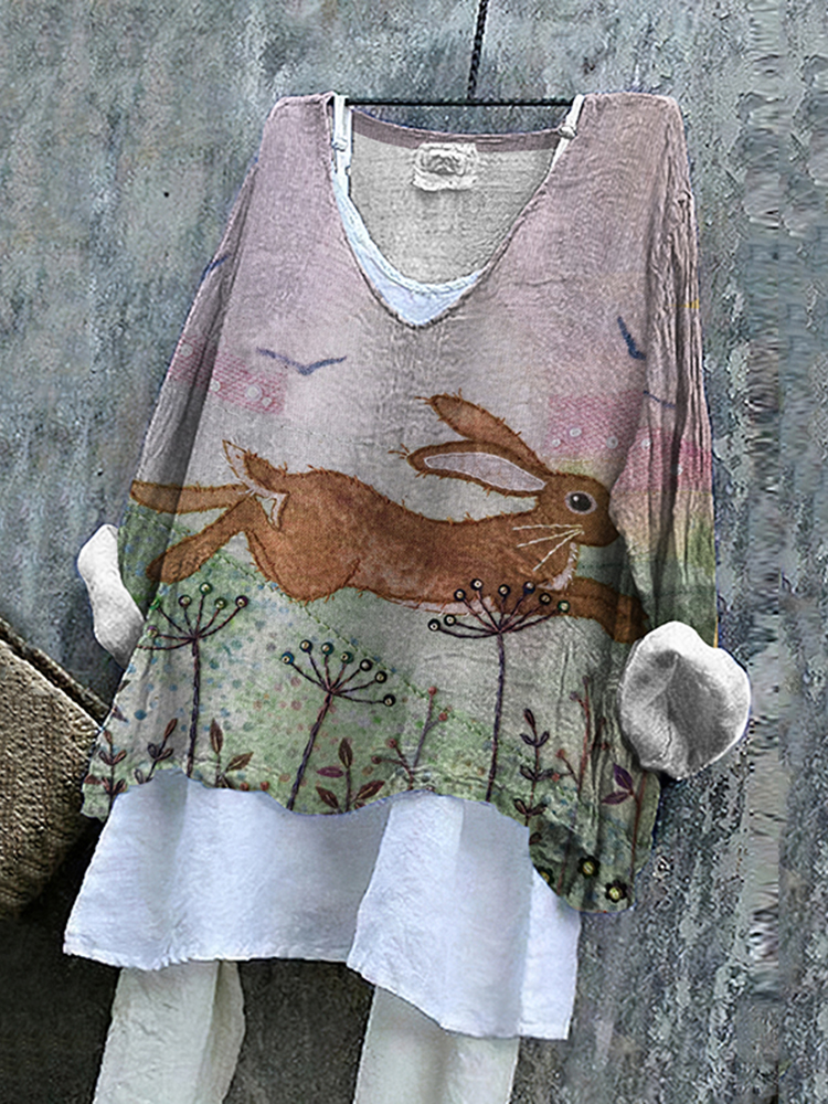 Meadow Cute Rabbit Embroidery Linen V-neck Shirt
