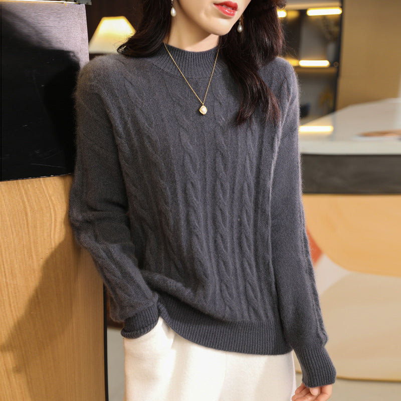 Women's Pure Wool Sweater with Half Turtleneck and Thick Twist Knit Design