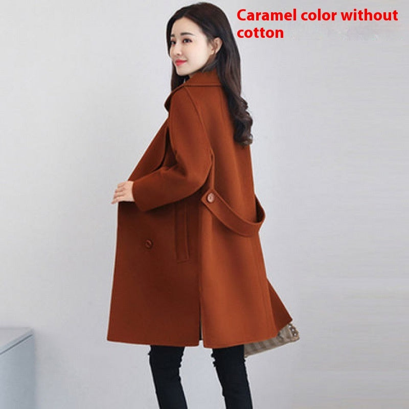 Cotton and Wool Blend Thickened Slimming Wool Overcoat for Women
