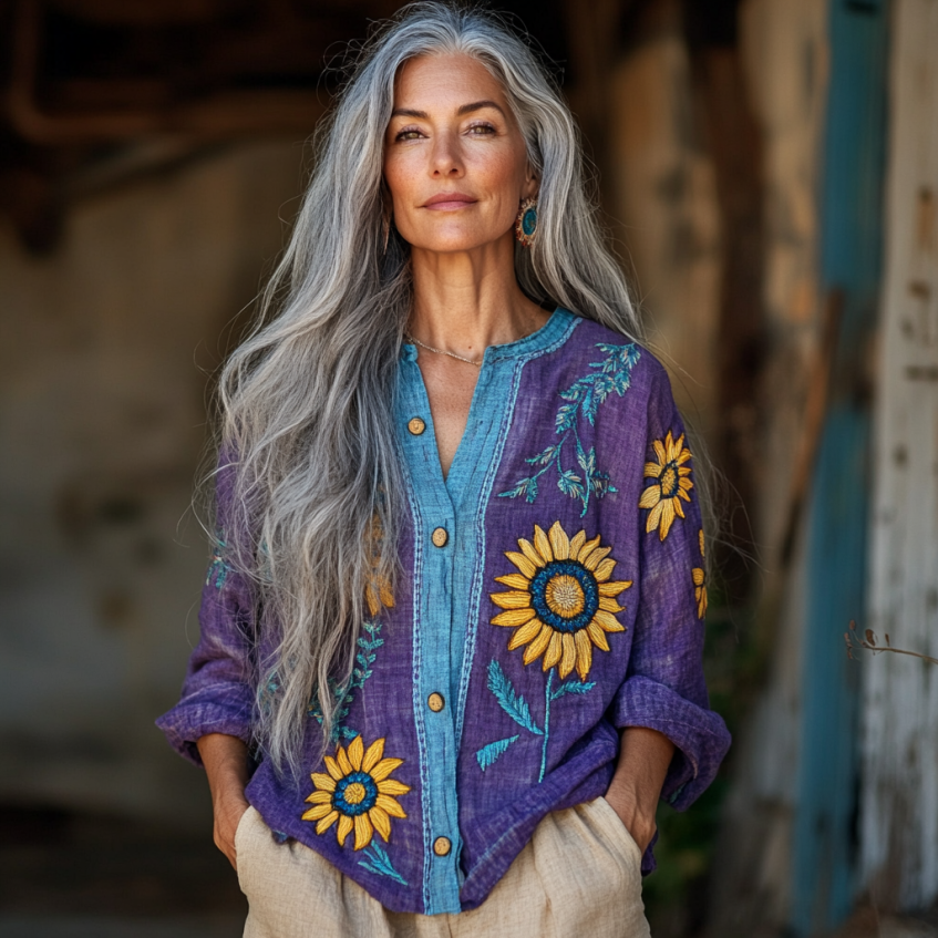 Ukraine Sunflower With Bohemian Linen Floral Art Print Long Sleeve Loose  Shirt