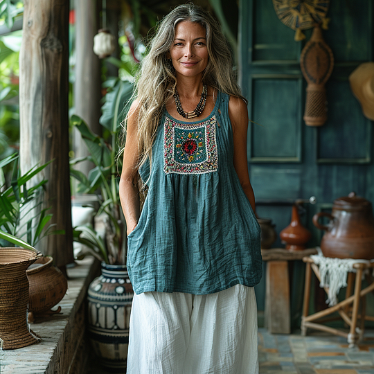 Women's Retro Loose Bohemia Ethnic Style Linen Suspender Sleeveless Top