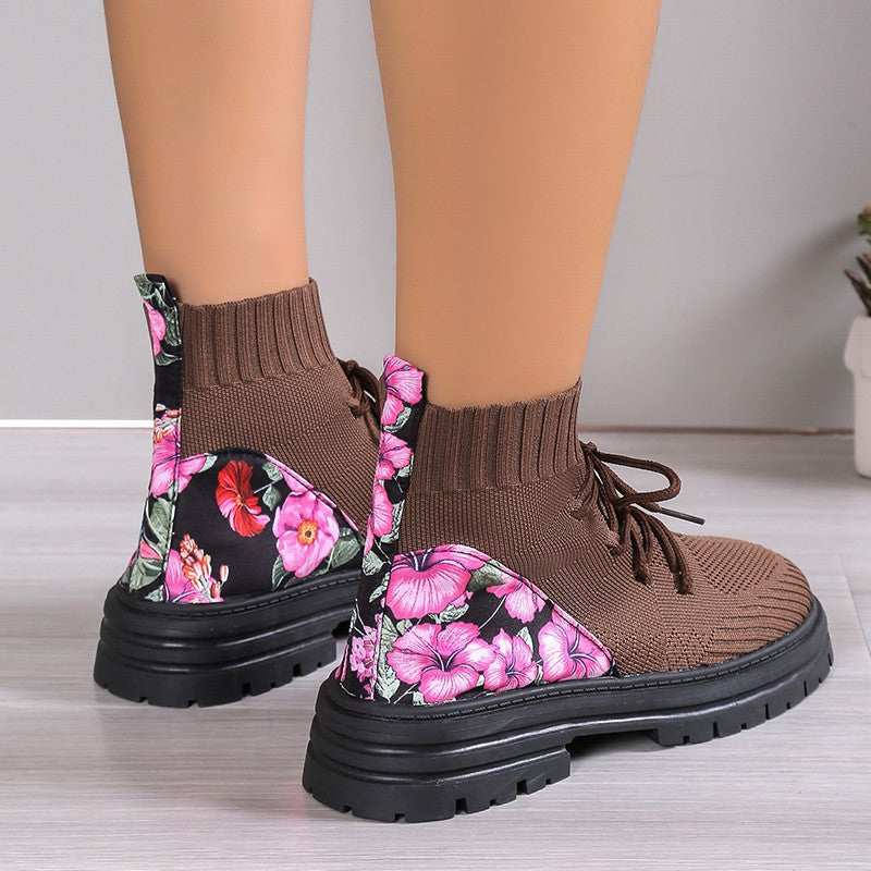 Stylish in Autumn and Winter with Flowers Print Knitted Mesh High