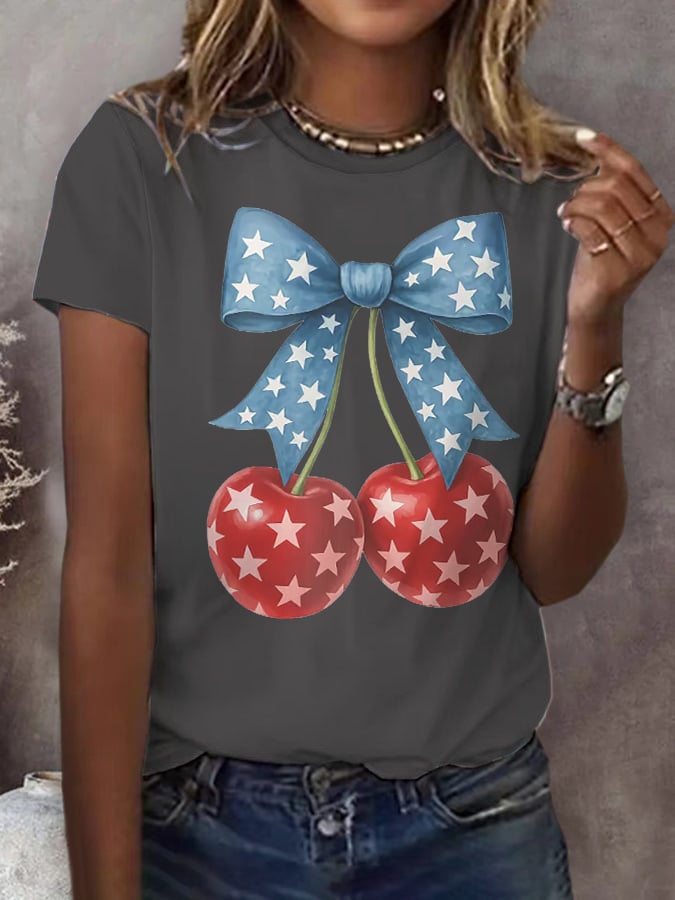Women's Retro Cherry Bow Patriotic 4th Of July Print T-Shirt