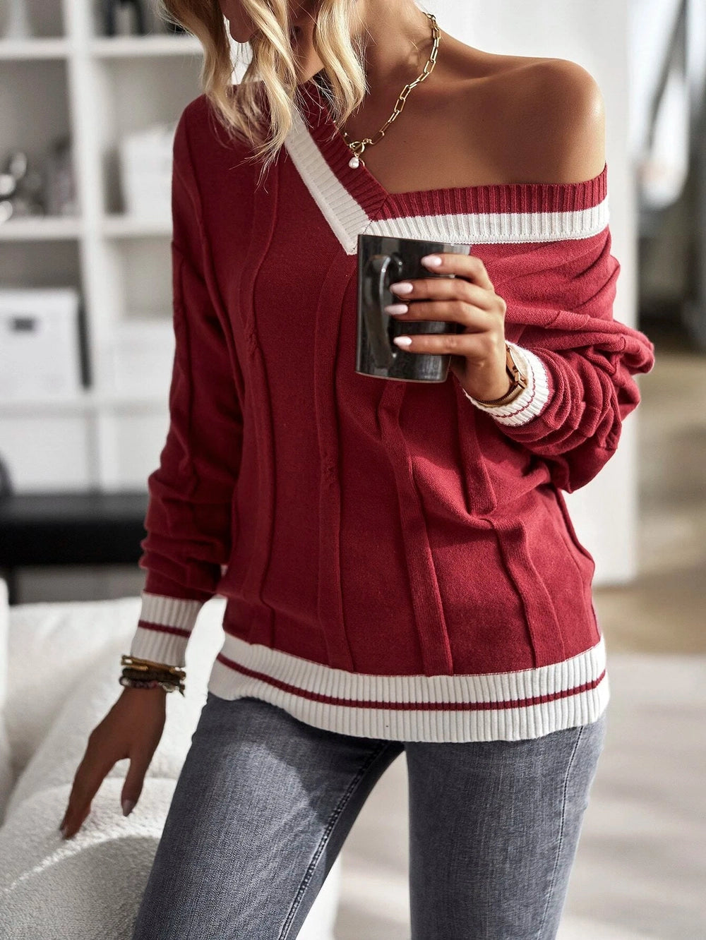 Red Print Long Sleeve Sweater