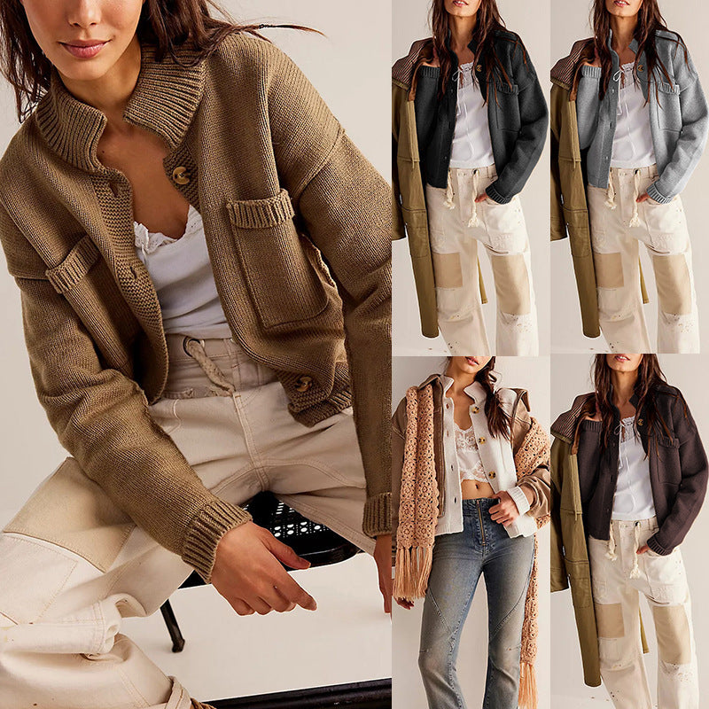 Women's Knitted Coat with Stand Collar – Solid Color Cardigan Sweater