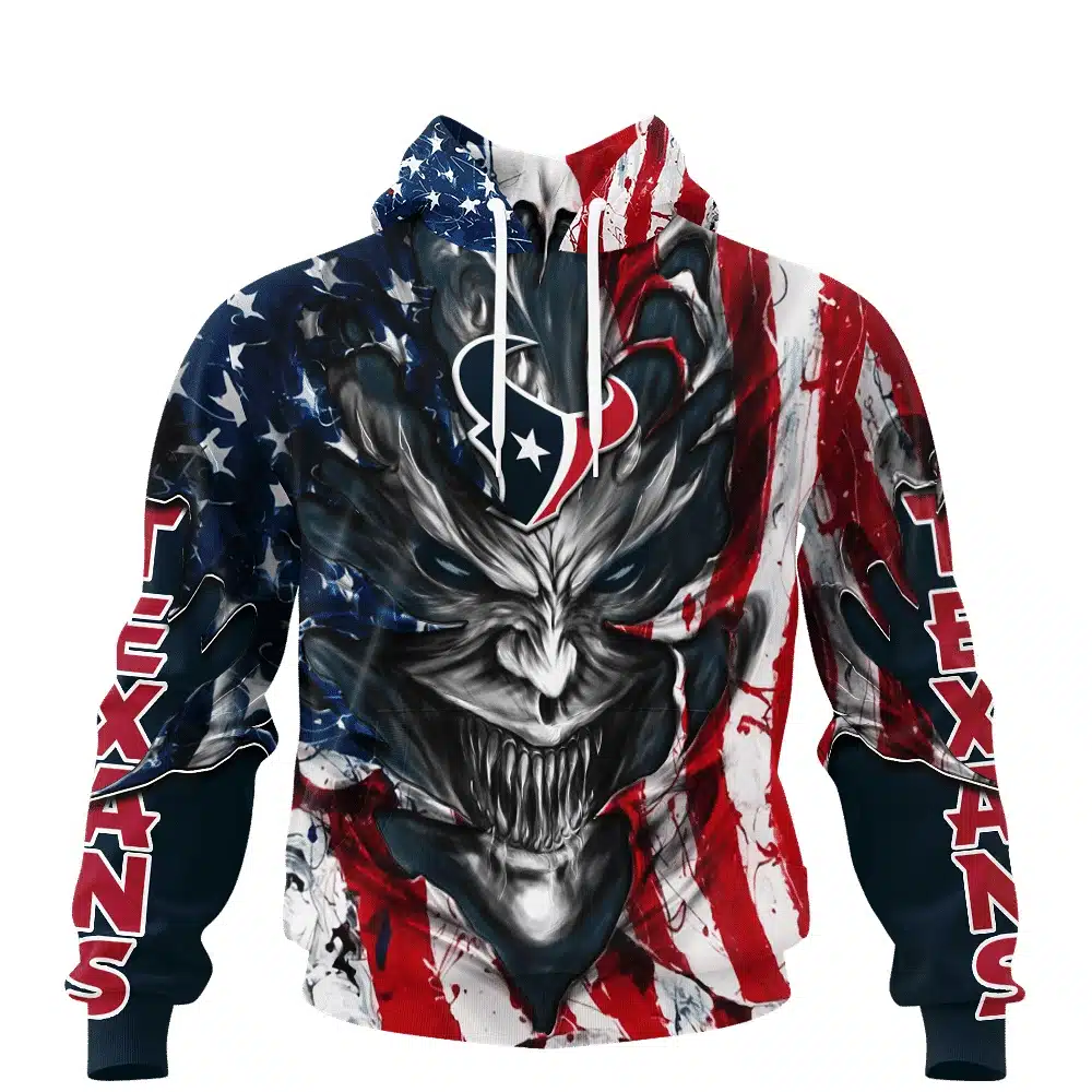 HOUSTON TEXANS DEMON FACE AMERICAN FLAG-3D UNISEX HOODIE