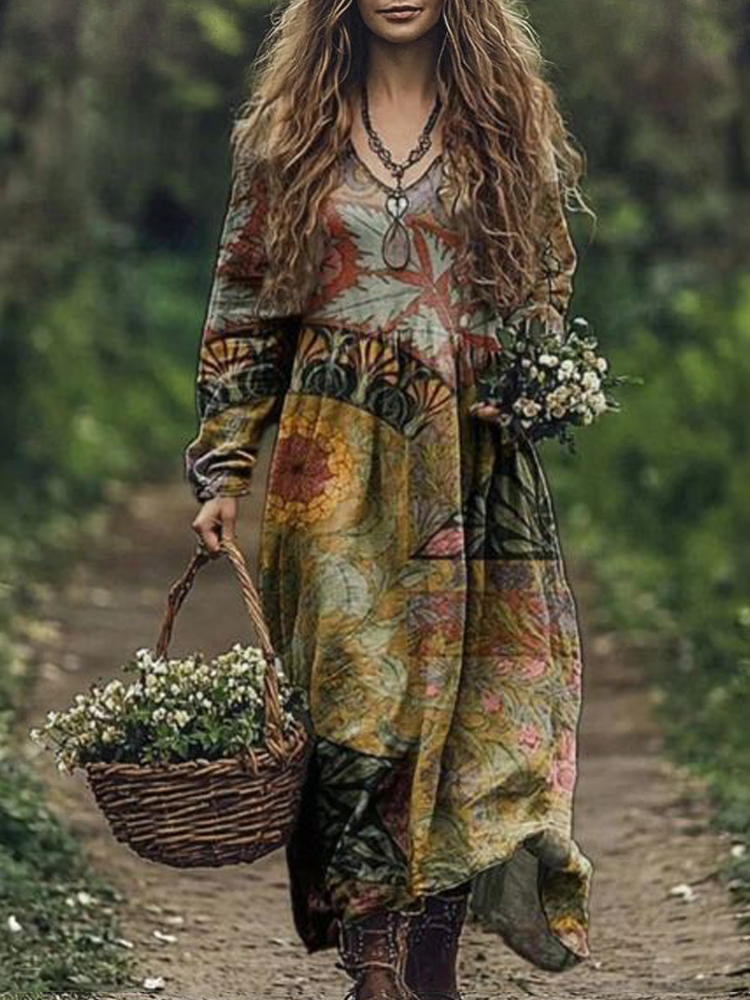 Vintage Floral Pattern Women's Flowy Maxi Dress