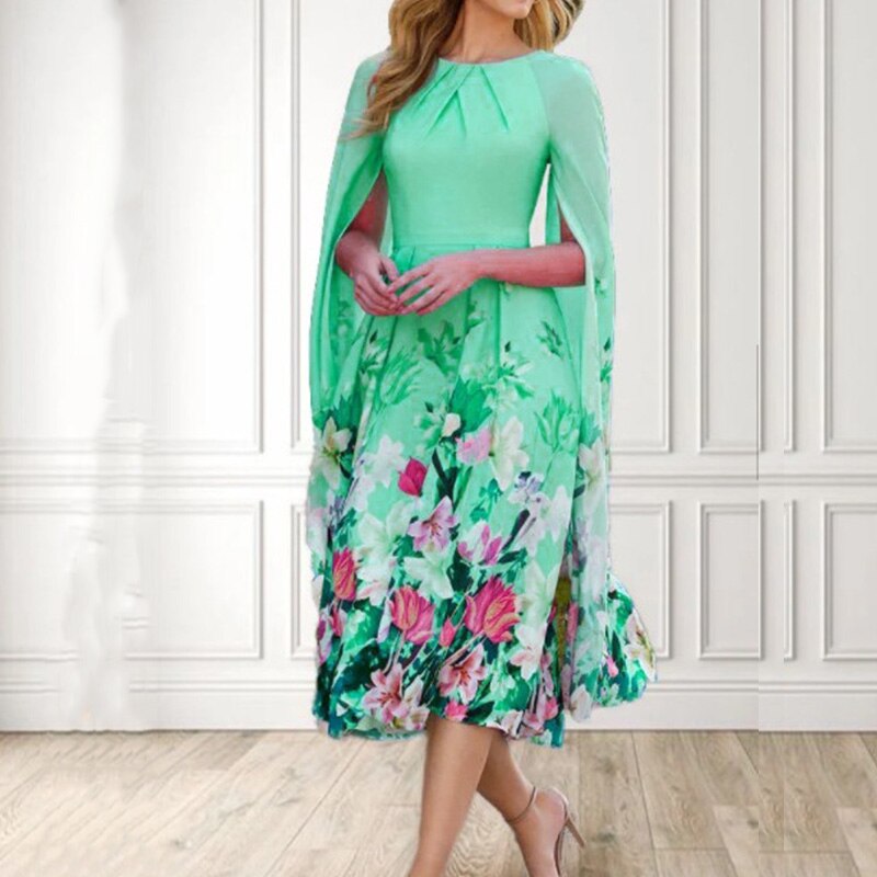 Women Fashion Cloak Sleeve Pleated Party Dress O-neck Commute Dress