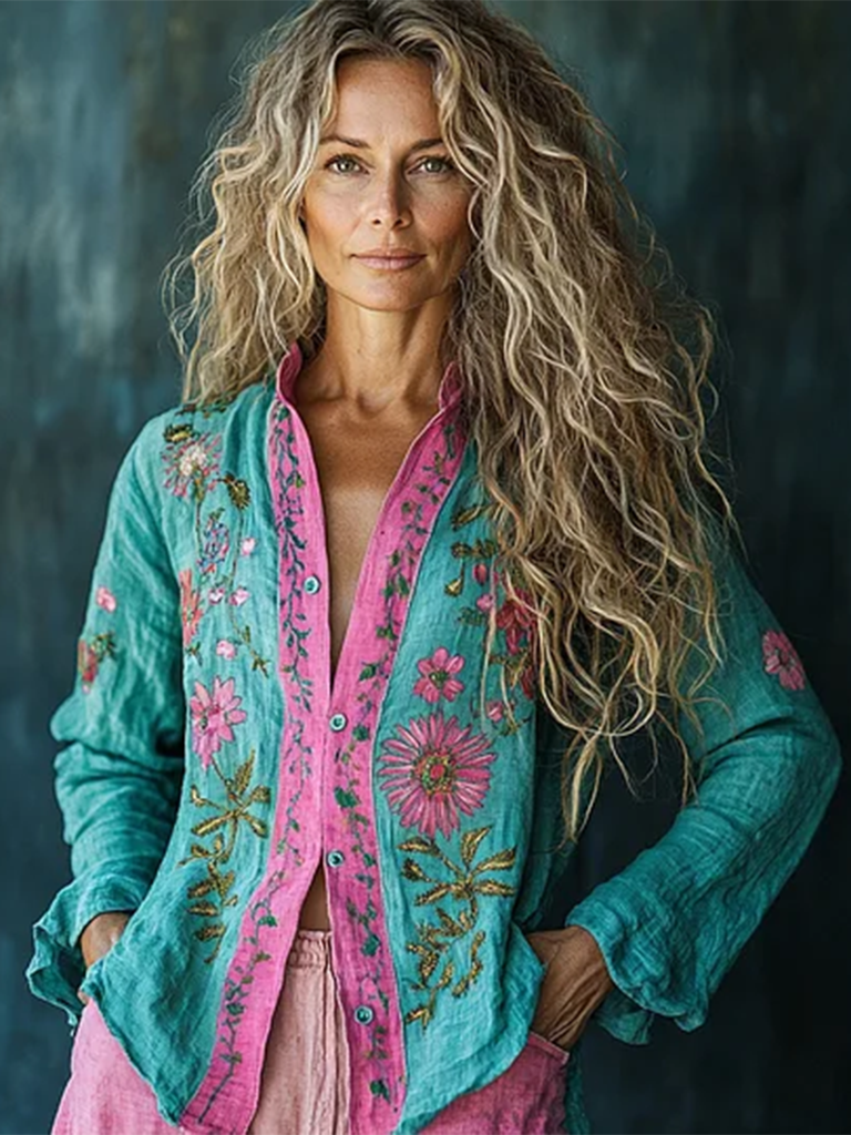 Bohemian Holiday Style Linen Floral Print  Long Sleeve Shirt