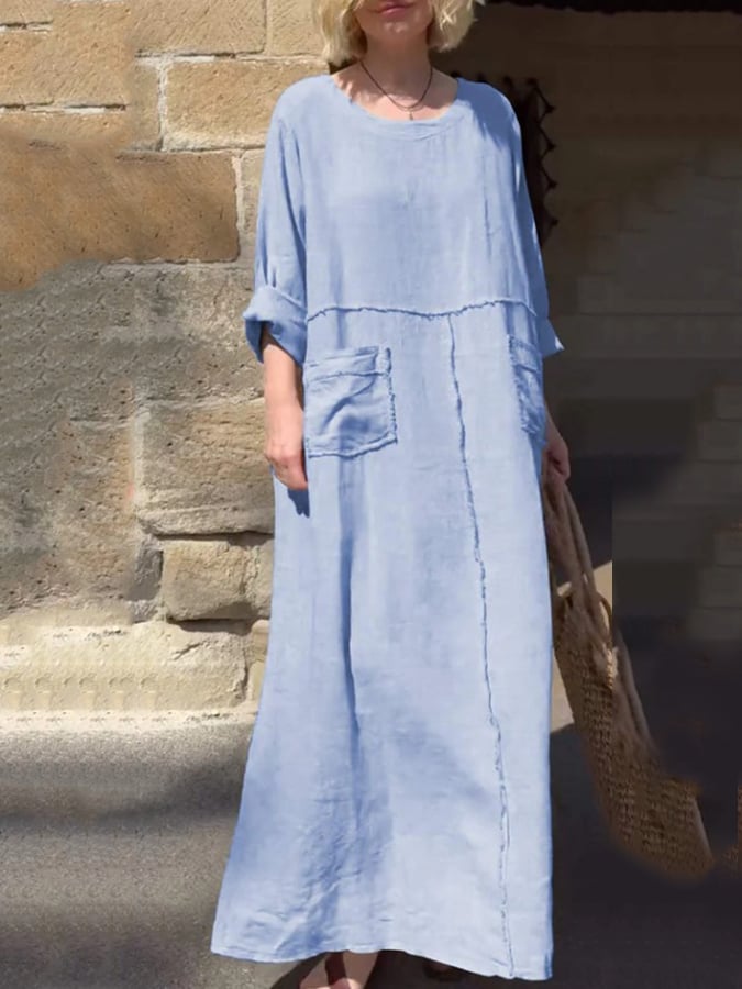 Women's Casual Loose Round Neck Long Sleeve Cotton And Linen Dress