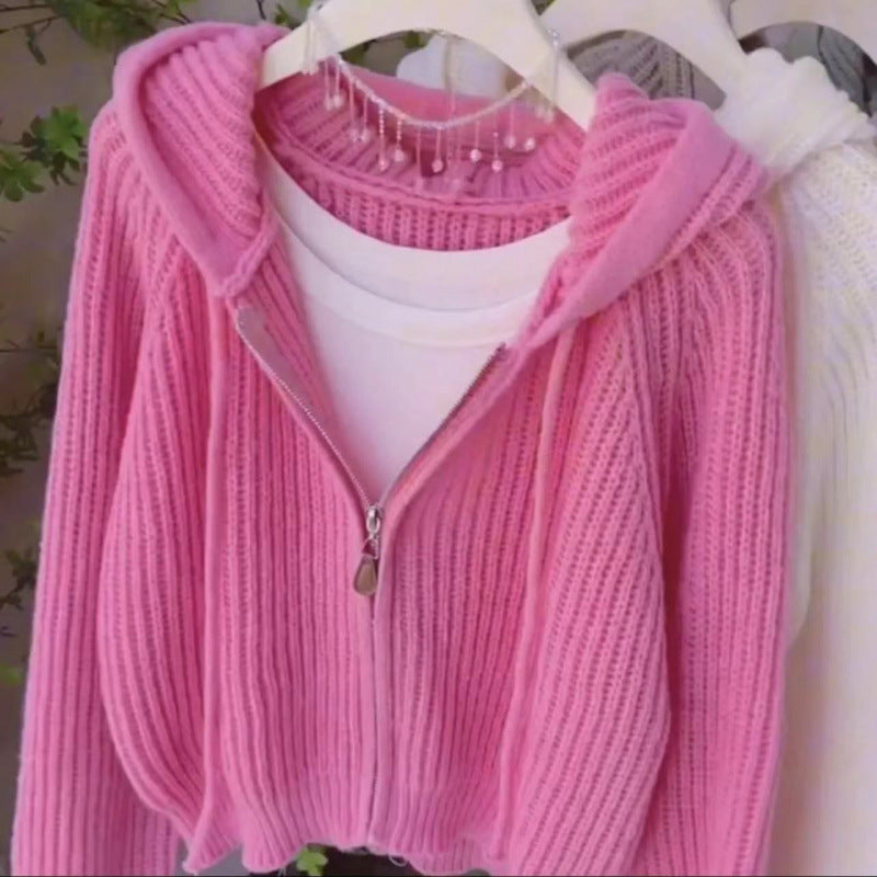 Women's Short Hooded Knit Cardigan for Fall and Winter