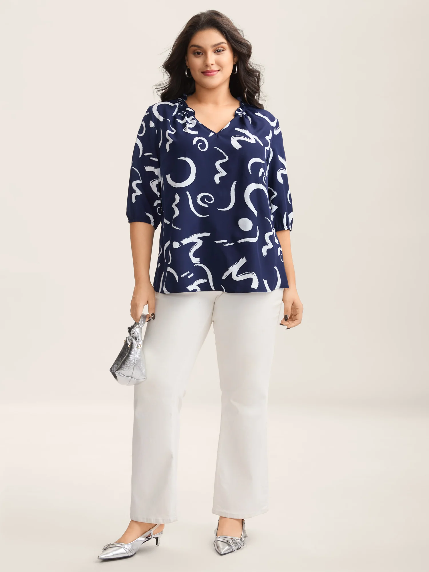 Scribble Print Ruffled Split Neck Blouse