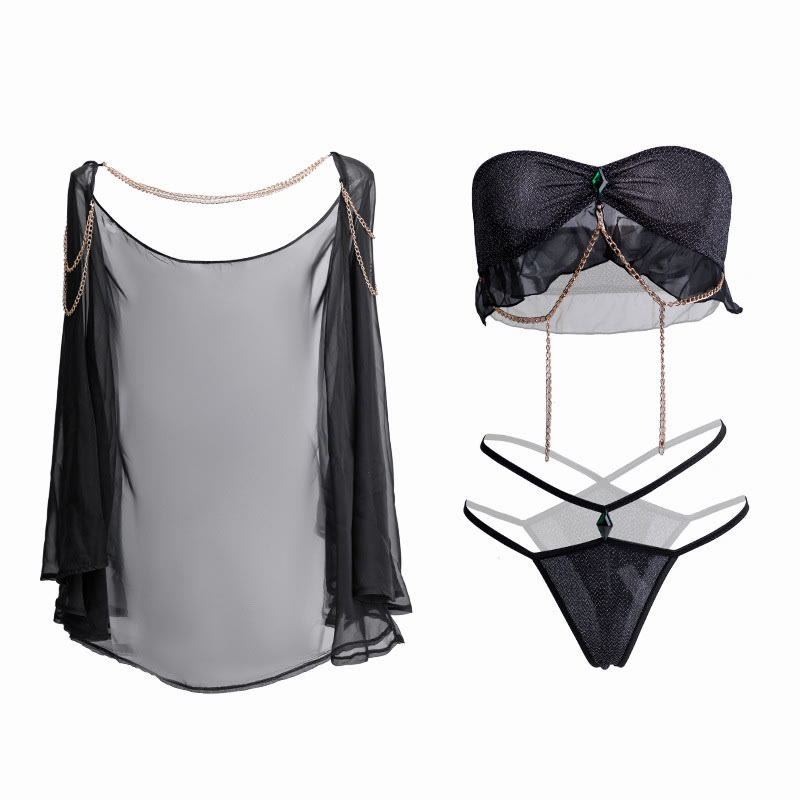 Sexy Chain Decor Tube Top G-string Mesh Shawl Lingerie