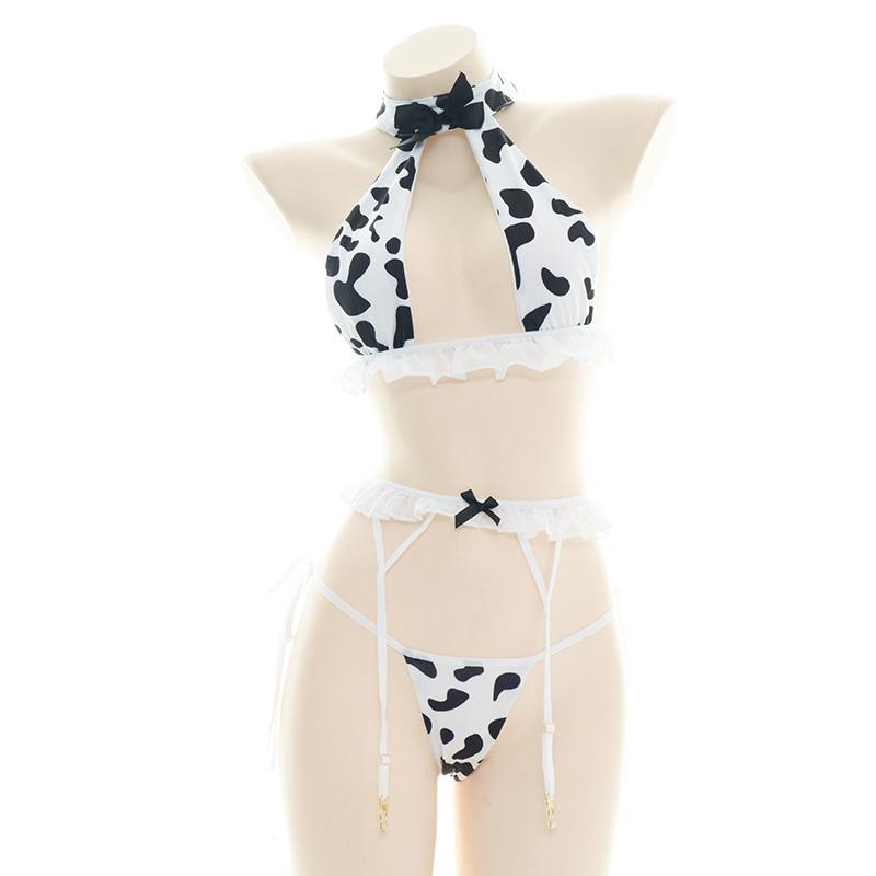 Sexy Cow Print Bow Bikini Lingerie Suit