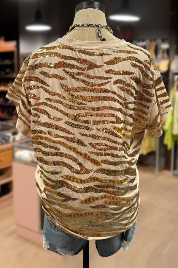 Sequin Tiger Pattern Short Sleeve Top
