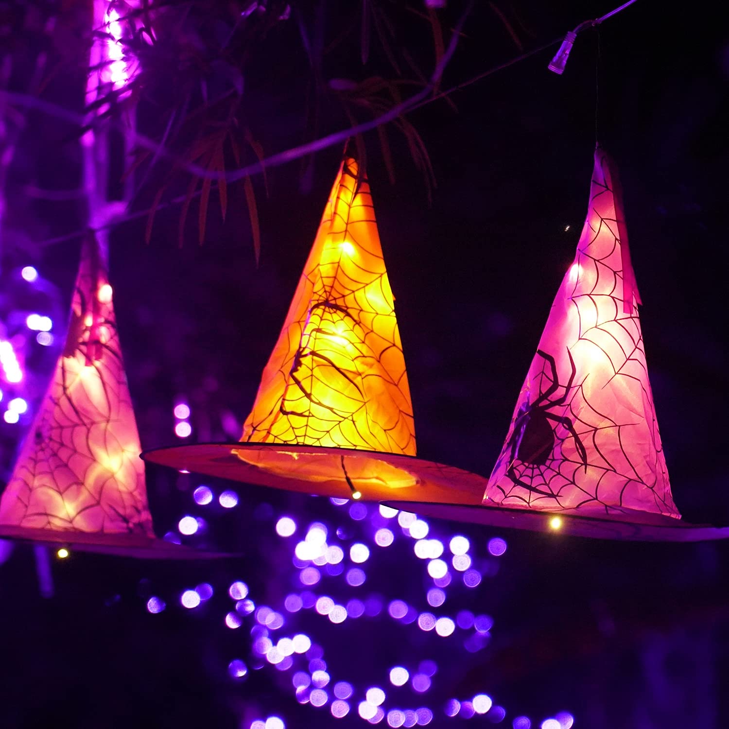 🔥Super Sale - 49% OFF🔥8 PCS Waterproof Hanging Witch Hat with String Lights with Remote