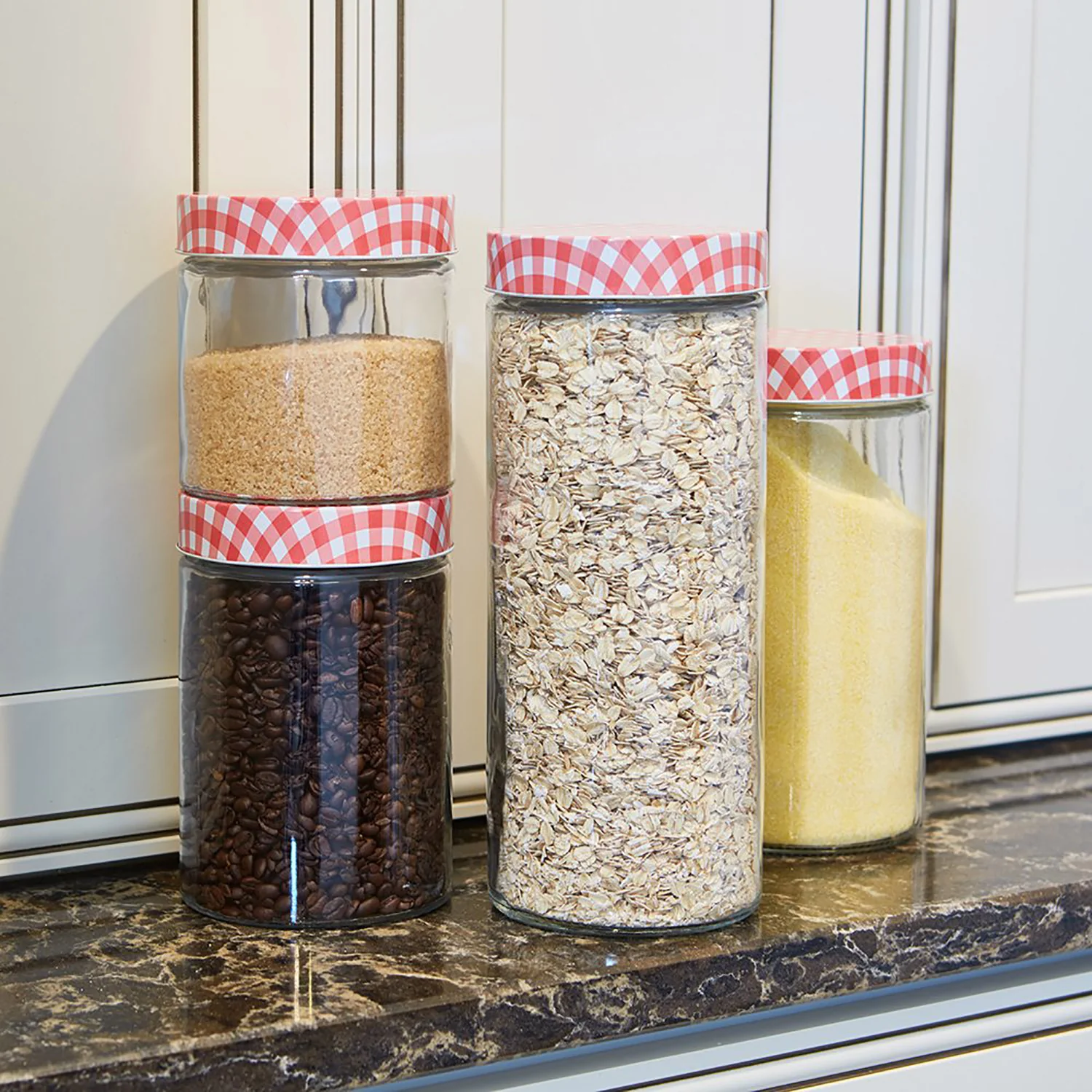 Anchor Hocking 4-Piece Glass Cylinder Jar Set with Gingham Lids, Clear-Red