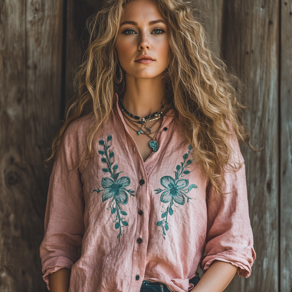 Vintage Bohemian Holiday Style Linen Floral Print  Long Sleeve Shirt