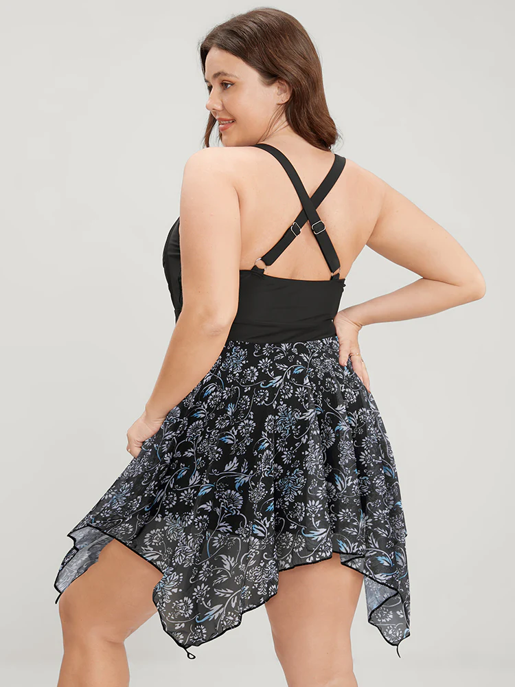 Tropical Ruched Ties Hanky Hem Crisscross Swim Dress