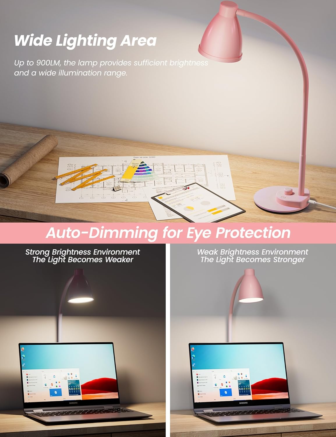 BOHON LED Desk Lamp with USB Charging Port 3 Color Modes Dimmable Reading Light Intelligent Induction Auto Dimming Task Lamp Flexible Gooseneck Table Lamp for Bedside Office, AC Adapter Include