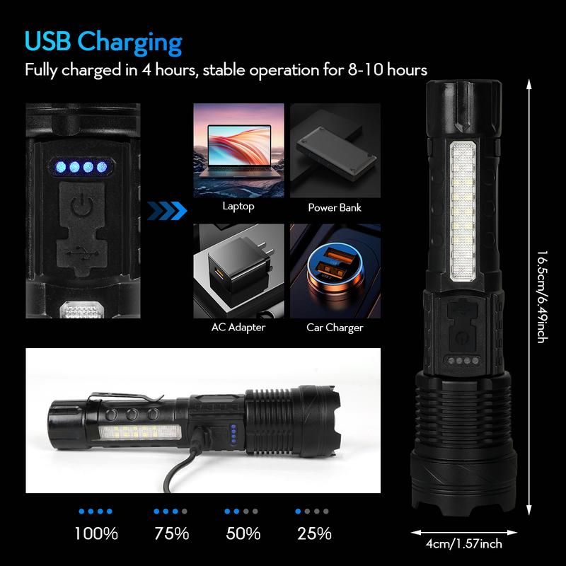 Strong Light Flashlight USB Rechargeable with Emergency White Light and Red & Blue Alarm Lights Waterproof Design