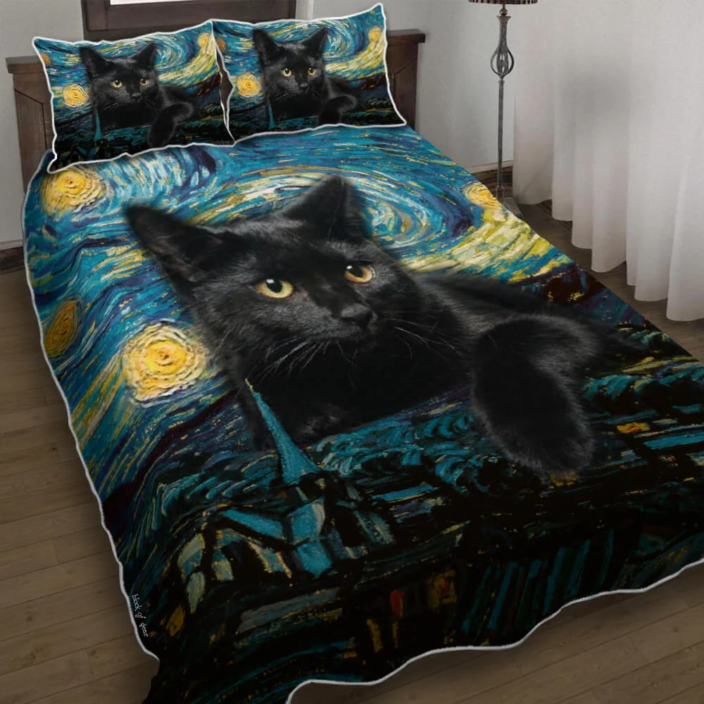 Black Cat Starry Night Quilt Bed Set