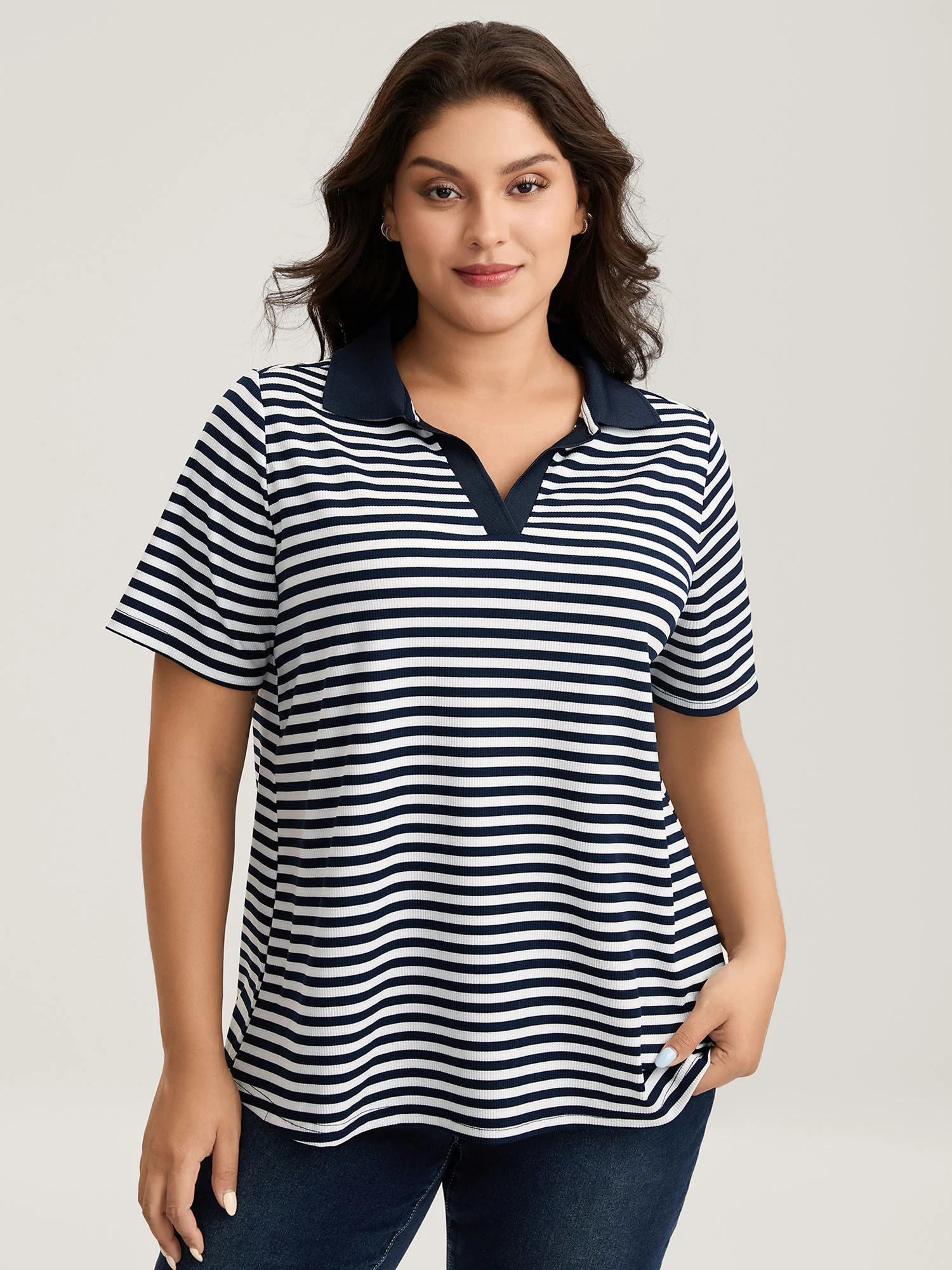 Polo Collar Stripes Contrast T-Shirt