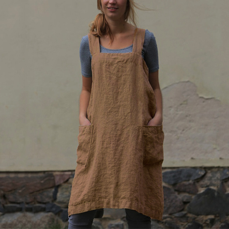 Retro solid color side pocket cotton apron dress