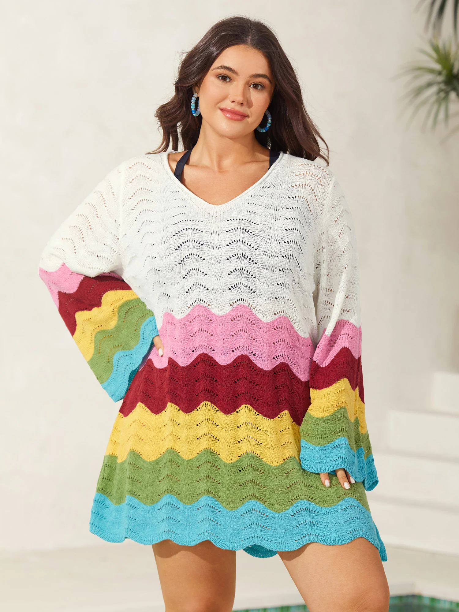 Colorful Waves Cut-Out Swim Cover-Up